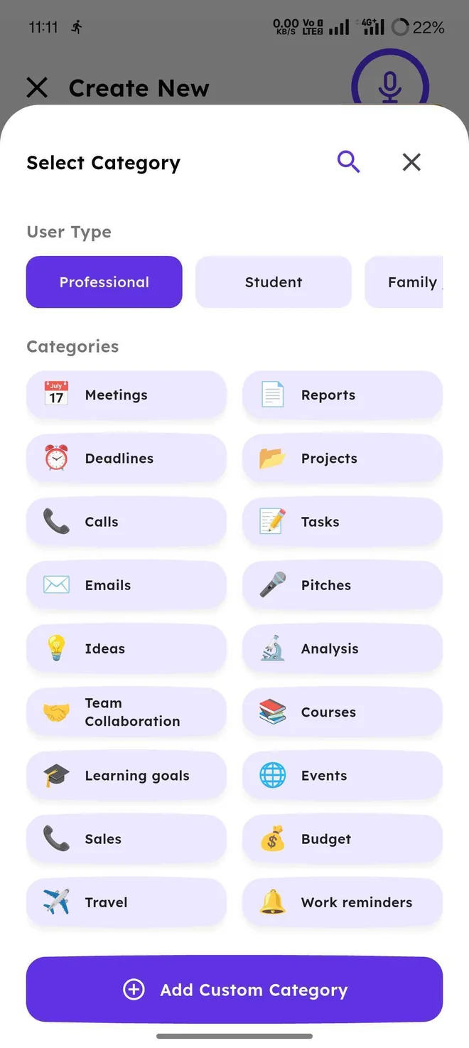 Category Selector Screen in App